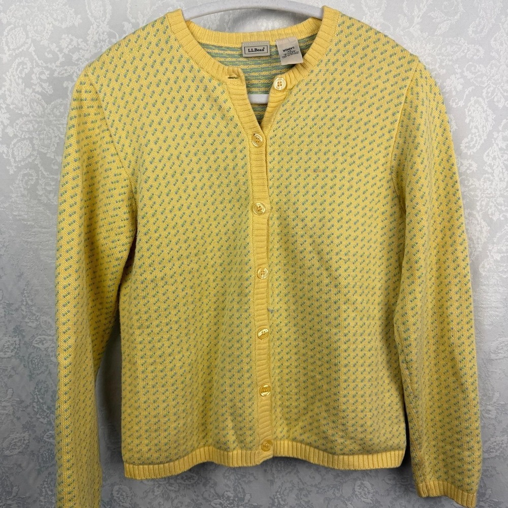 L.L.Bean Women XS Yellow Cardigan Sweater Button Front Cotton Cottagecore Preppy - Picture 4 of 6